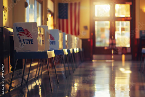 Word Vote, Straight on row of voting booths at polling station during American election. US flag in background.