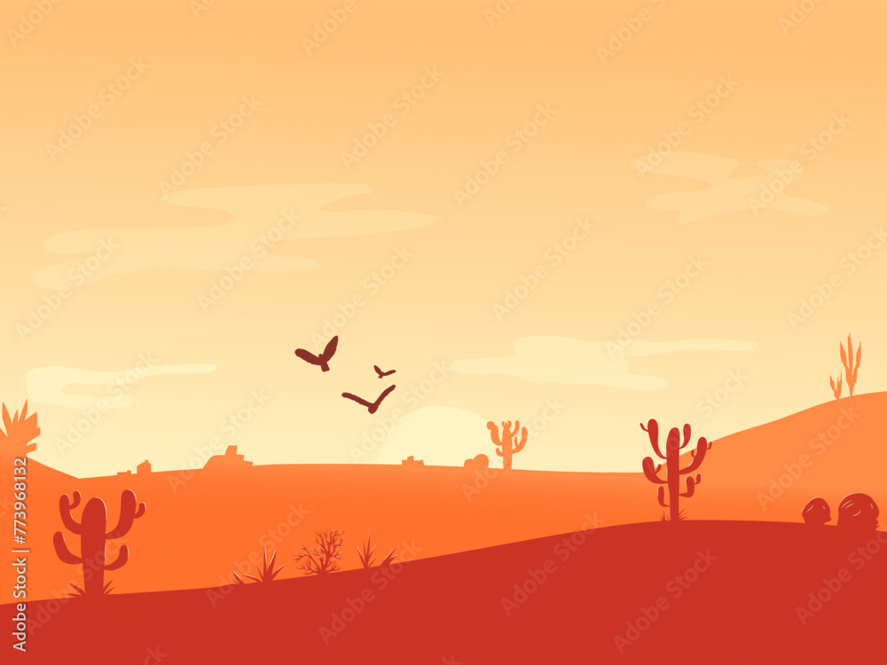 Dawn in the Desert panoramic view with dunes, mountains and cactus. Wild west Sunrise postcard. Poster template with desert landscape. Cartoon vector illustration with place for text.