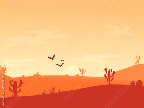 Dawn in the Desert panoramic view with dunes, mountains and cactus. Wild west Sunrise postcard. Poster template with desert landscape. Cartoon vector illustration with place for text.