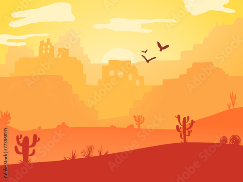 Cartoon desert landscape with cactus, hills, golden sand dunes and stones, birds, sun and mountains silhouettes. Texas western mountains and abandoned ruins, vector nature horizontal background.