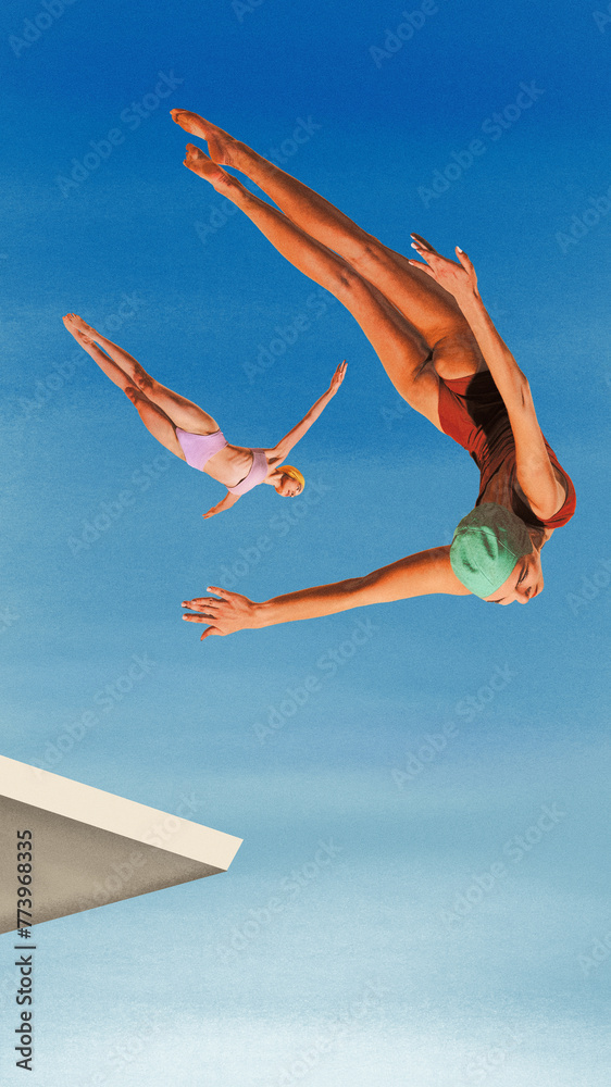 Fototapeta premium Poster. Contemporary art collage. Athlete women in swimwear and caps posing in mid air while jumped from platform to water. Concept of sport, active lifestyle, tournament. Retro effect, art style.