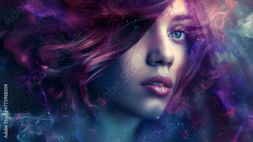 Ethereal Woman with Vibrant Hair Amidst a Cosmic Mist. Surreal Portrait with a Mystical Atmosphere  Ideal for Artistic Projects. Fantasy-Inspired Visuals for Creative Expression. AI