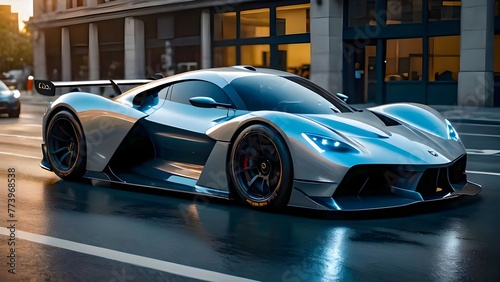 Sleek silver sports car speeding through urban streets illuminated by streetlights at dusk