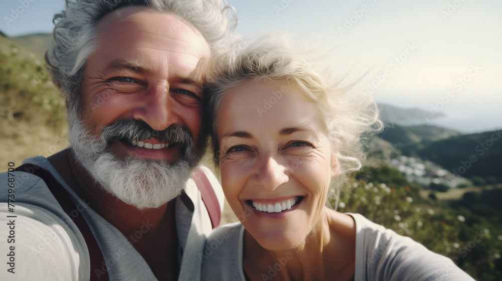 Couple of gray haired mature smiling people travel and taking selfie portrait on phone. Wonderful cheerful man and woman. Active retirees are enjoying life. A man with a gray beard and a woman, travel