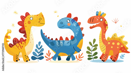 Cute illustration of three colorful dinosaur monsters © Mishab