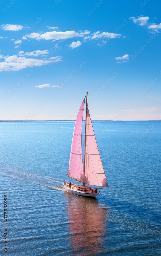 Naklejka premium Pink Sailboat Sailing in Open Ocean