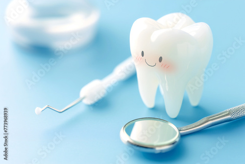 dental care concept, white teeth on blue background