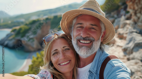 Couple of gray haired mature smiling people travel and taking selfie portrait on phone. Wonderful cheerful man and woman. Active retirees are enjoying life. A man with a gray beard and a woman, travel © DigitalDreamscape