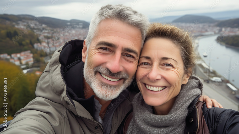 Couple of gray haired mature smiling people travel and taking selfie portrait on phone. Wonderful cheerful man and woman. Active retirees are enjoying life. A man with a gray beard and a woman, travel