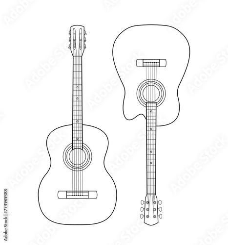 Realistic line drawing of a classical guitar and an acoustic guitar. Perfect depiction of musical instrument structure. Vector illustration isolated on white. Mockup, template element, decoration