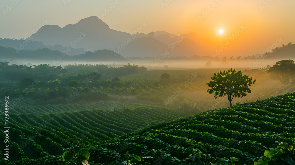 A peaceful sunrise illuminates the terraced fields of a monk fruit farm nestled in a tranquil valley, symbolizing a new day in agriculture.