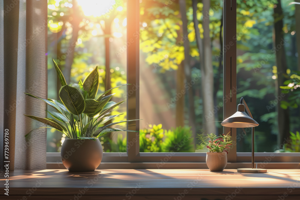 A minimalist with a single desk facing a large window, featuring a potted plant lamp. A minimalist with a single desk facing a large window, featuring a potted plant lamp.