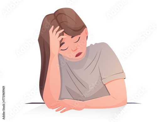 Tired exhausted woman holding her head. Vector isolated cartoon illustration.