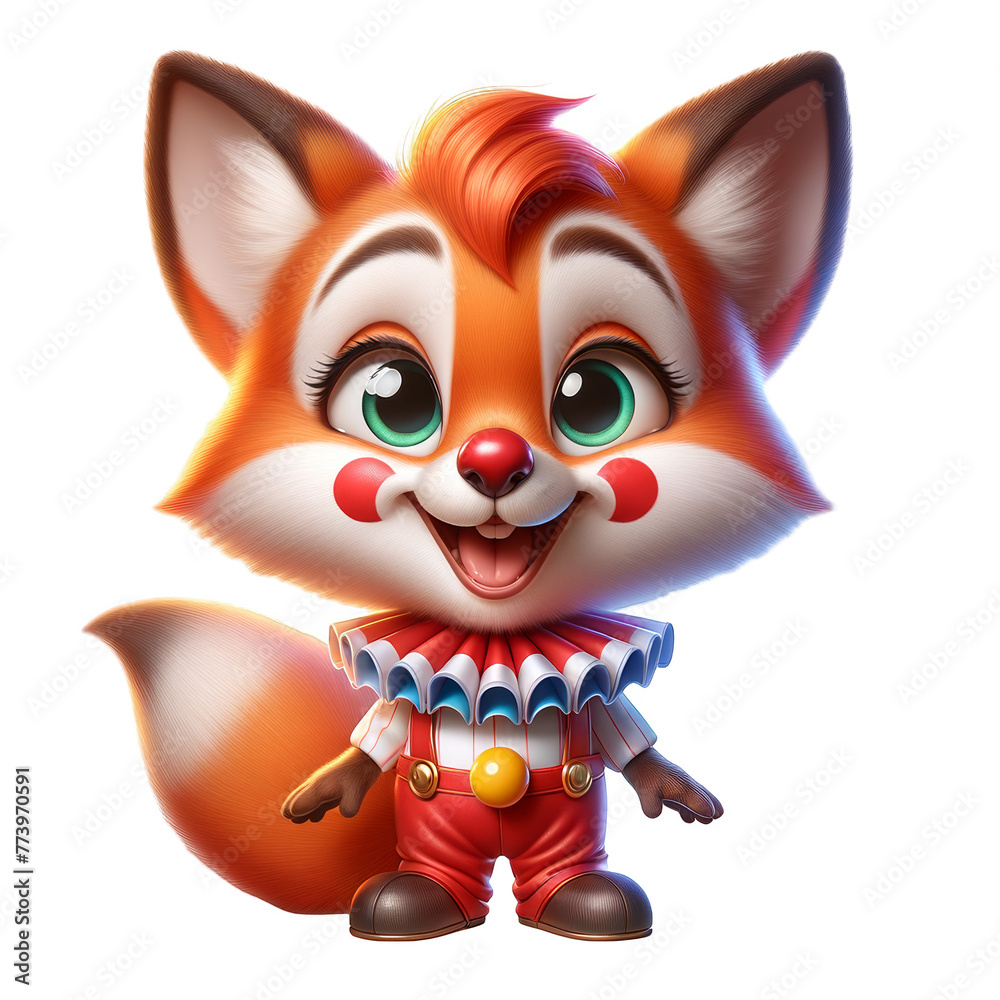 Adorable fox disguised as clown. 3D cartoon of joyful animal. Isolated on transparent background, png. Concept of playfulness, joy, wonder, birthday, party, mascot, circus.