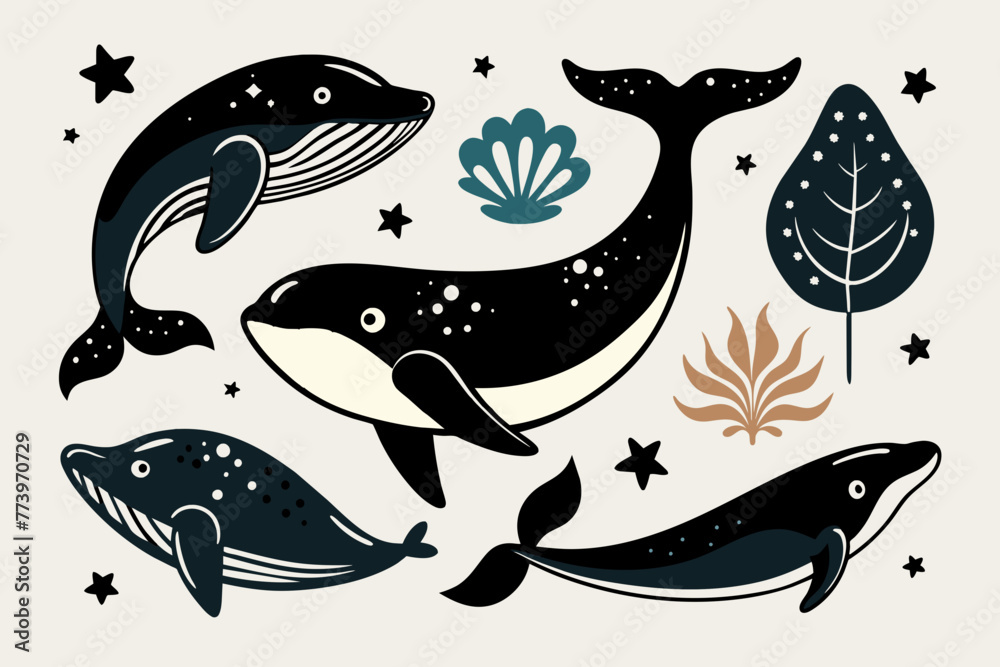 Fototapeta premium Collection of minimalistic whale sea sticker ,Has a black border, vintage boohoo ,white background