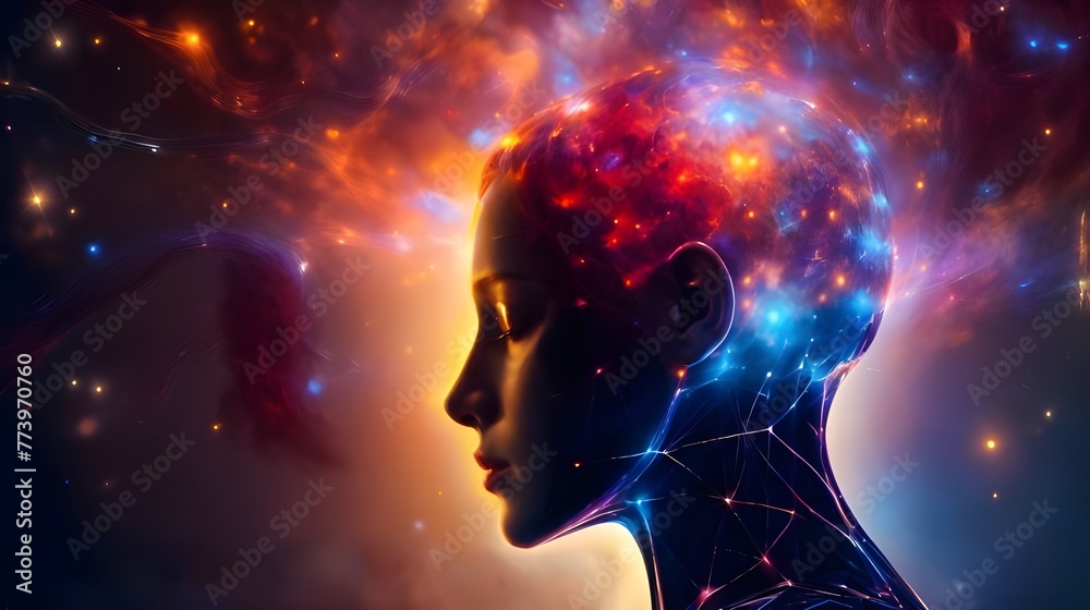 Vibrant chakra energy flowing through a person's profile in a cosmic universe backdrop Vibrant chakra energy flowing through a person's profile in a cosmic universe backdrop