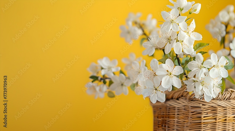 Elegant White Blossoms in a Wicker Basket, Springtime Decor, Simple and Refreshing Floral Arrangement on Yellow Background. AI