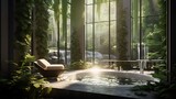 Transport yourself to a virtual retreat where the AI crafts a tranquil scene of a spa-like setting, integrating a verdant view outside the window with modern interior design elements