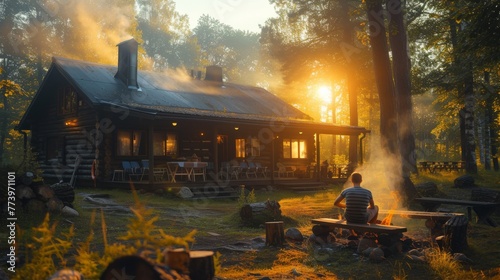 Rustic Retreat  Man Enjoying Sunrise by Cabin