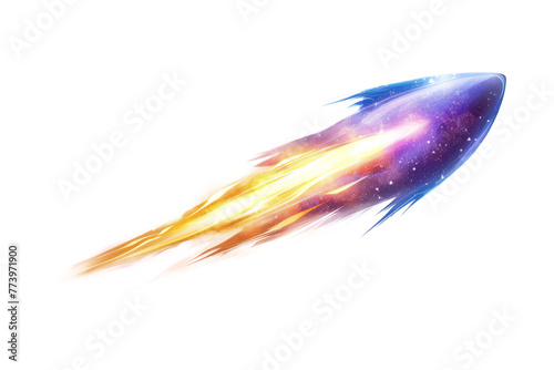 comet streaking through space, with its glowing tail illuminated against  white background photo