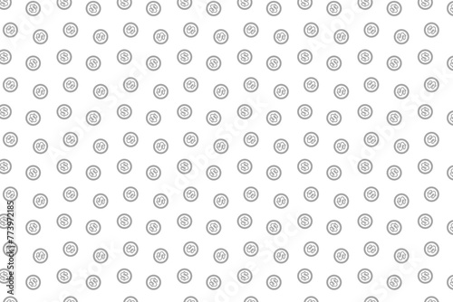 Seamless abstract pattern. Dollar . Fantasy ornament. Light gray dollar in a white circle on a white background. Flyer design, advertising background, fabric, clothing.
