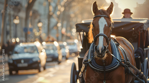 A horse pulling a carriage in a city illustrating. generative ai 