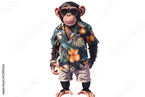 Fashionable monkey in a tropical print shirt and Bermuda shorts is ready to relax, isolated on white photo