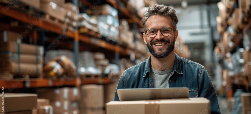 Man Standing in Warehouse Among Boxes Man Standing in Warehouse Among Boxes
