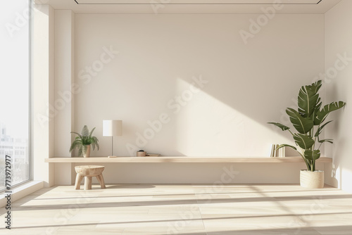 A minimalist with a single desk facing a large window  featuring a potted plant lamp.