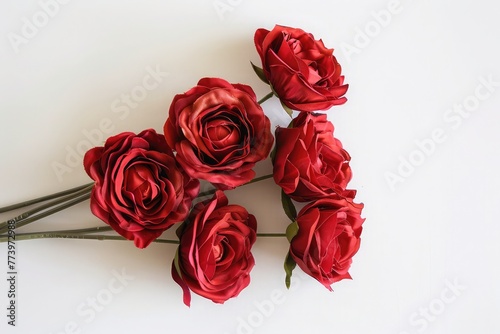 A bouquet of scarlet roses. Five flowers. On a white background
