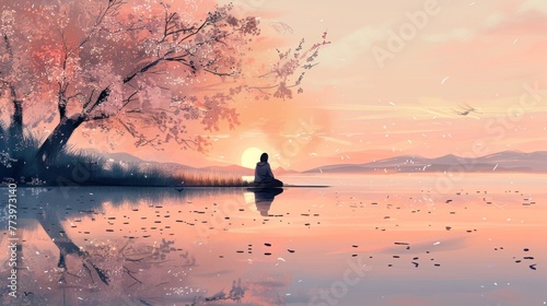 Illustrate a tranquil scene of a solitary figure seated by a serene lake at dawn, with soft hues of pink  © Bophe