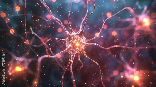 Detailed image of a neuron with dendritic connections illuminated by glowing synapse activity.
