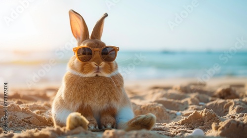 A brown rabbit on the beach wearing orange sunglasses, with the sea in the background during sunset. © Moopingz