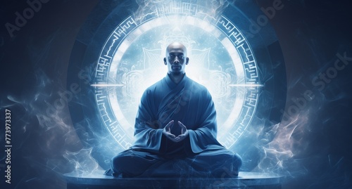 Man Meditating in Front of Blue Light photo