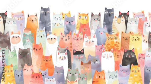 A large group of cat, all different colors and sizes, are arranged in an endless pattern on a white background.