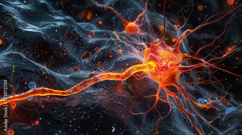 Microscopic view of a nerve cell with dendrites and glowing synapse points  symbolizing neural activity.