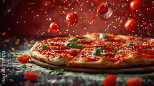 a pepperoni pizza with toppings floating in the air against a deep red background showing off fresh basil  melted mozzarella and tangy tomato sauce.