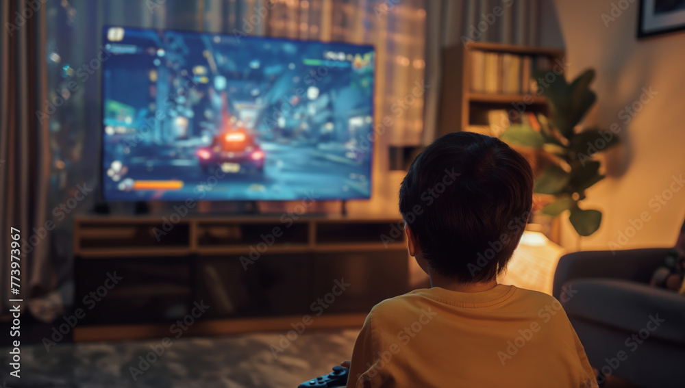 Young boy sitting in a chair engrossed in playing a video game on a screen.