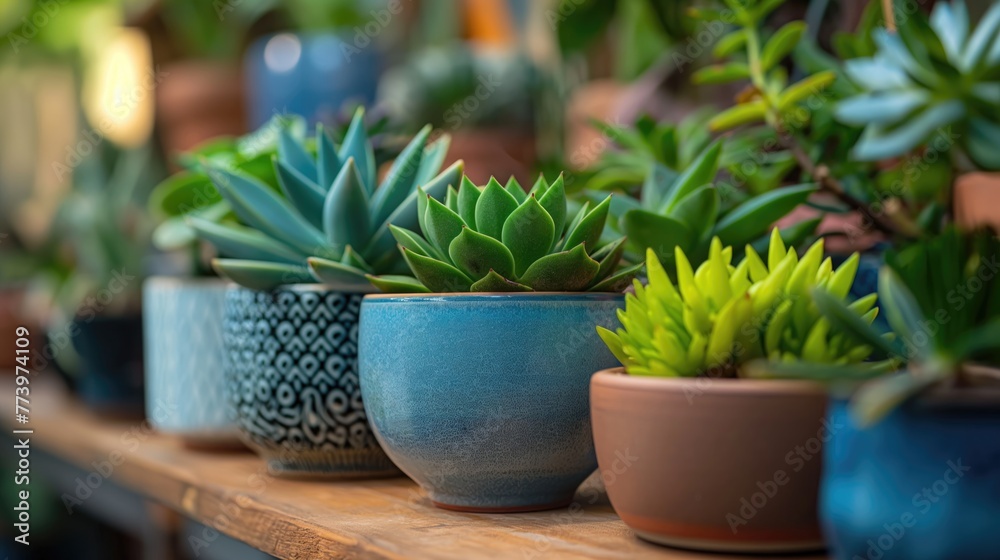 Obraz premium Modern composition of home garden filled a lot of beautiful plants, cacti, succulents, air plant in different design pots. Stylish botany interior. . Home gardening concept