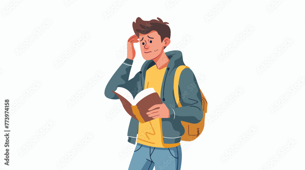 Man or student looks at the book and scratches 