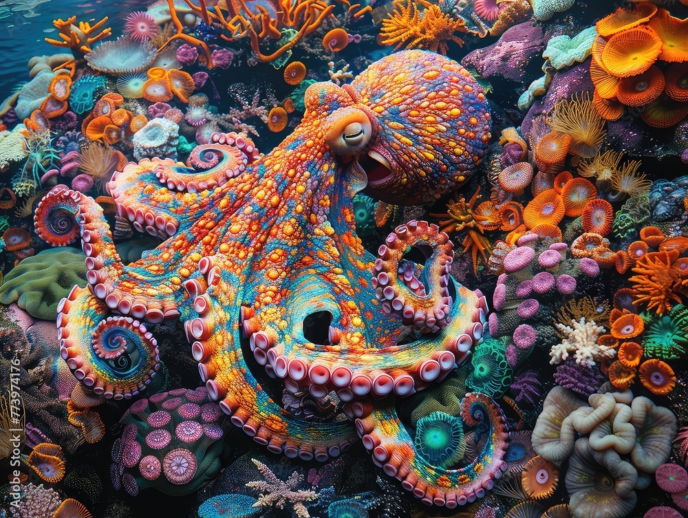 Peering out from its hiding place among brightly colored sea anemones on a vibrant coral reef, a curious octopus blends seamlessly into its surroundings. Peering out from its hiding place among brightly colored sea anemones on a vibrant coral reef, a curious octopus blends seamlessly into its surroundings.