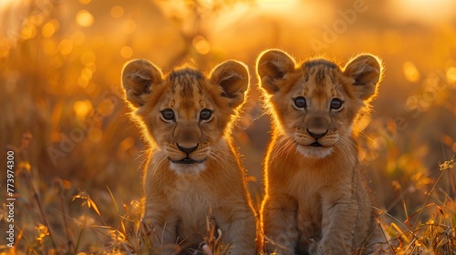 Close up of two wild young baby african lion cubs in the african safari wilderness © Jenia