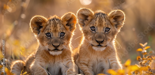 Close up of two wild young baby african lion cubs in the african safari wilderness