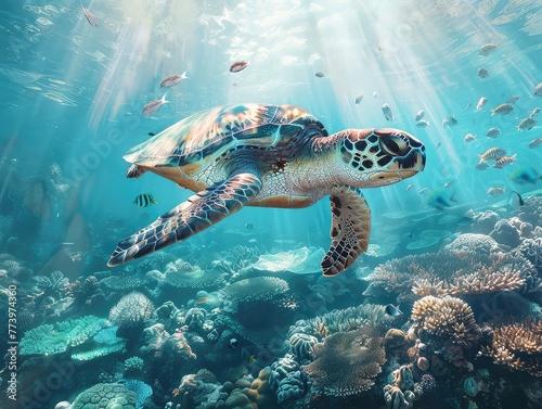 Through vibrant coral reefs teeming with colorful fish  an animated sea turtle gracefully navigates  illuminated by shafts of light filtering through the water.