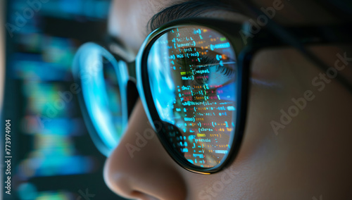 Close-up of a person wearing glasses, with reflections of code visible on the lenses. photo