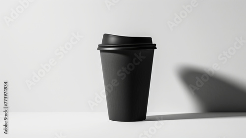 Aesthetic black paper coffee cup with black lid. Light minimalist background with copy space. Take away. Generative AI photo