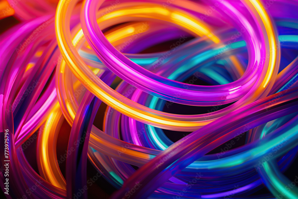 close up image of colourful circular neon fluorescent rings