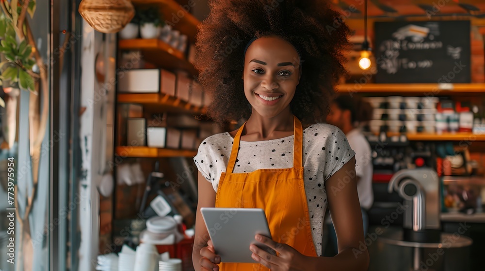 Cheerful entrepreneur in apron holding tablet in cozy cafe. Young, vibrant female waitress ready for service. Small business concept. AI
