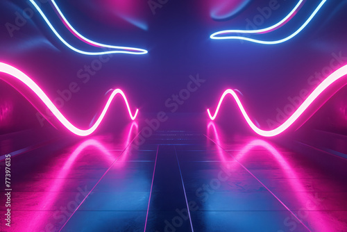 A tunnel illuminated by neon lights in the center, creating a vibrant and futuristic atmosphere