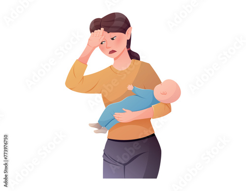 Art & IllustratioTired mother holding a sleeping baby in her arms. A woman experiencing difficulties of motherhood or postpartum depression. Vector isolated cartoon illustration.n